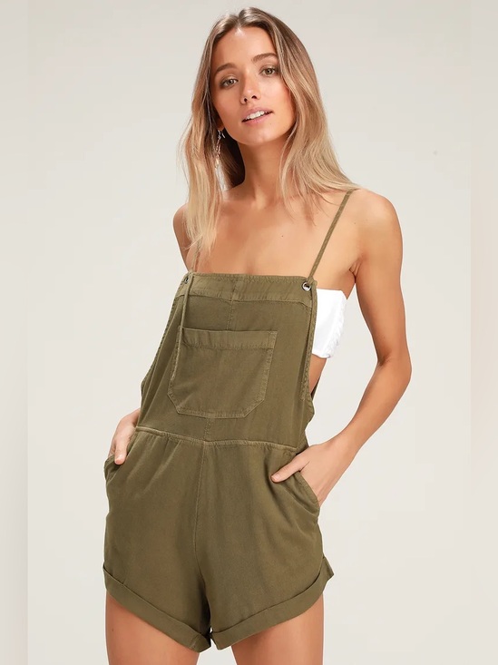 Billabong Pants - Billabong wild pursuit short overalls Olive Green Linen-Blend Romper